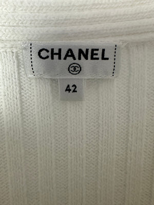 Chanel 20P White Ribbed Long Sleeve Mini Dress with CC Logo Buttons FR 42 (Size 14)