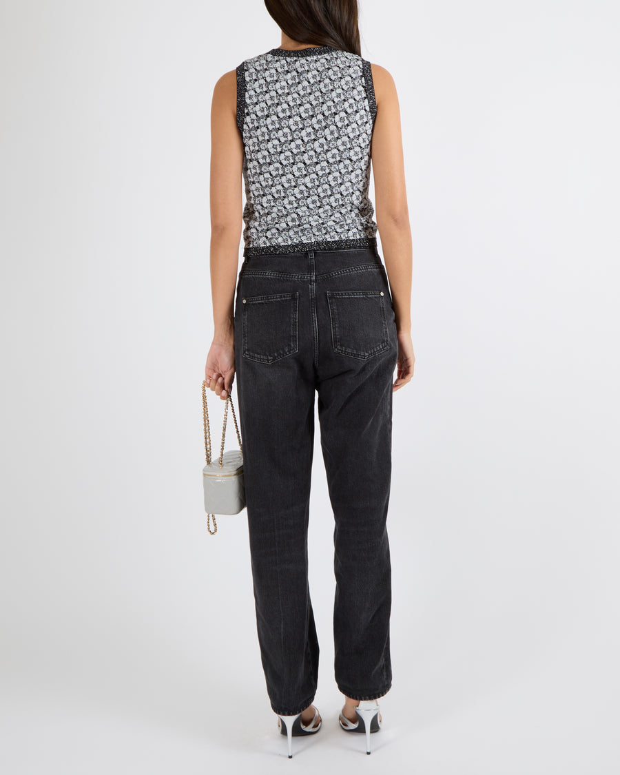 Chanel Dark Grey Straight-Leg Jeans with Silver Textured Camellia Button and CC Logo Details Size FR 38 (UK 10)