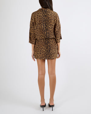 Valentino Runway Brown and Black Silk Leopard Print Short Sleeved Button Down Kaftan Shirt with Waist Tie Detail Size IT 40 (UK 8) RRP £2,500