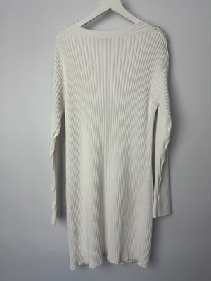Chanel 20P White Ribbed Long Sleeve Mini Dress with CC Logo Buttons FR 42 (Size 14)