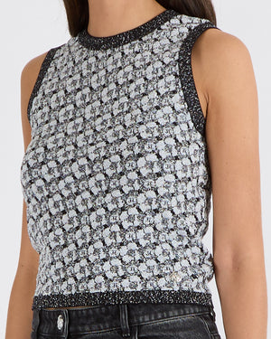Chanel Fall 2023 Silver and Black Sleeveless Camellia Top with CC Logos Size FR 36 (UK 8)