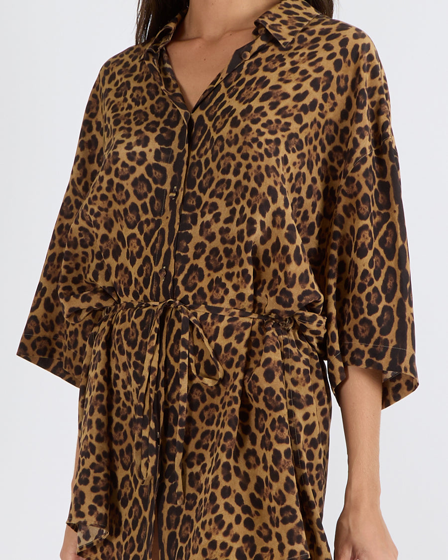 Valentino Runway Brown and Black Silk Leopard Print Short Sleeved Button Down Kaftan Shirt with Waist Tie Detail Size IT 40 (UK 8) RRP £2,500