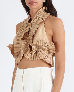 Cult Gaia Pleated Adilia Crop Top in Beige Size S (UK 8) RRP £485