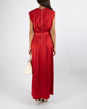 Louis Vuitton Spring 2025 Red Silk Striped Sleeveless Maxi Dress with Silver Logo Back Zip Detail Size FR 38 (UK 10)