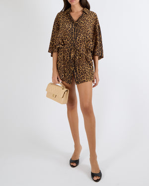 Valentino Runway Brown and Black Silk Leopard Print Short Sleeved Button Down Kaftan Shirt with Waist Tie Detail Size IT 40 (UK 8) RRP £2,500