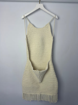 Magda Butrym Cream Open-Back Crochet Mini Dress with Fringe Detail Size FR 36 (UK 8) RRP £1,370