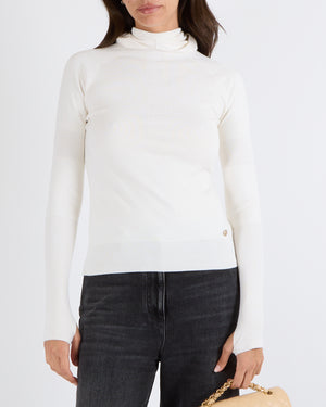 Chanel Cream Wool Hooded Jumper with Logo Embroideries and Silver CC Logo Button Detail Size FR 36 (UK 8)