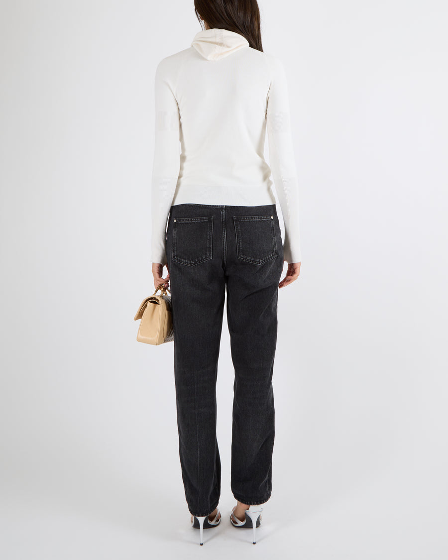 Chanel Cream Wool Hooded Jumper with Logo Embroideries and Silver CC Logo Button Detail Size FR 36 (UK 8)