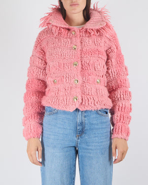 Chanel Fall 2020 Faux Fur Pink Wool Jacket with Fringed Collar and Gold CC Logo Button Details Size FR 36 (UK 8)