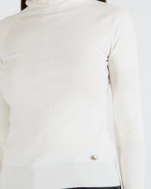 Chanel Cream Wool Hooded Jumper with Logo Embroideries and Silver CC Logo Button Detail Size FR 36 (UK 8)