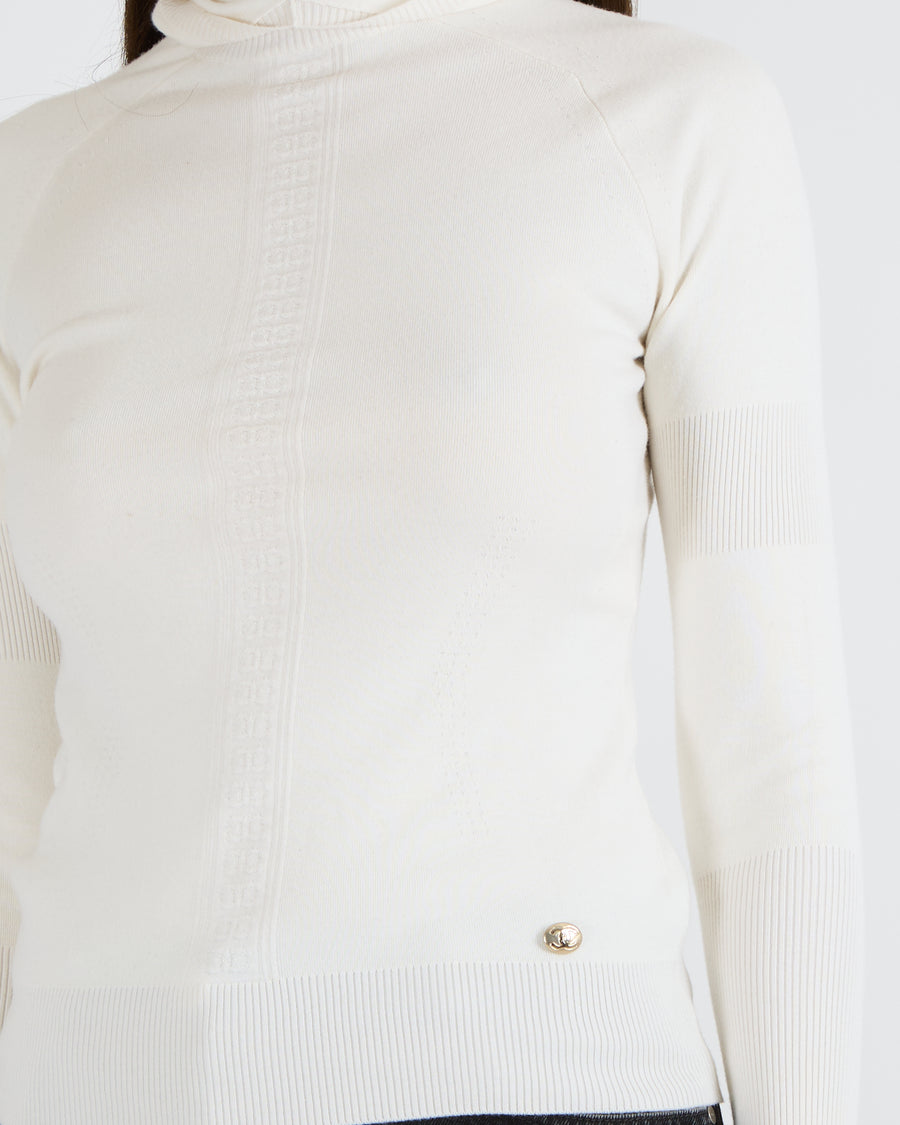 Chanel Cream Wool Hooded Jumper with Logo Embroideries and Silver CC Logo Button Detail Size FR 36 (UK 8)