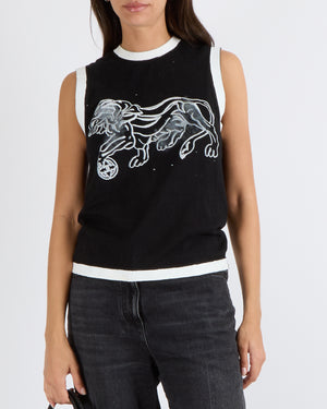 Chanel Cruise 2022 Black Sleeveless Top with White Painted Trims and Lion Print with Back Logo Buttons Detail Size FR 34 (UK 6)