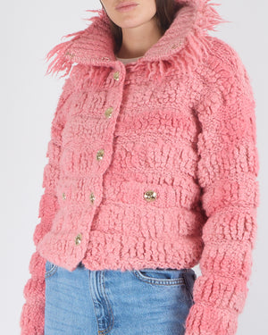 Chanel Fall 2020 Faux Fur Pink Wool Jacket with Fringed Collar and Gold CC Logo Button Details Size FR 36 (UK 8)