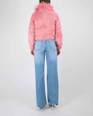 Chanel Fall 2020 Faux Fur Pink Wool Jacket with Fringed Collar and Gold CC Logo Button Details Size FR 36 (UK 8)
