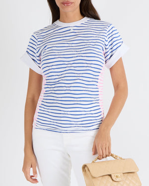 Chanel Blue, White and Pink Striped T-Shirt with Ruched Sides and Perforated CC Logos with White CC Logo Detail Size FR 36 (UK 8)