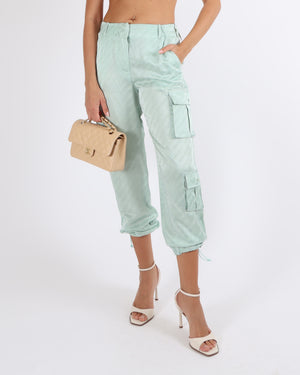 Off-White Light Green Satin Logo Printed Cargo Trousers Size IT 40 (UK 8)