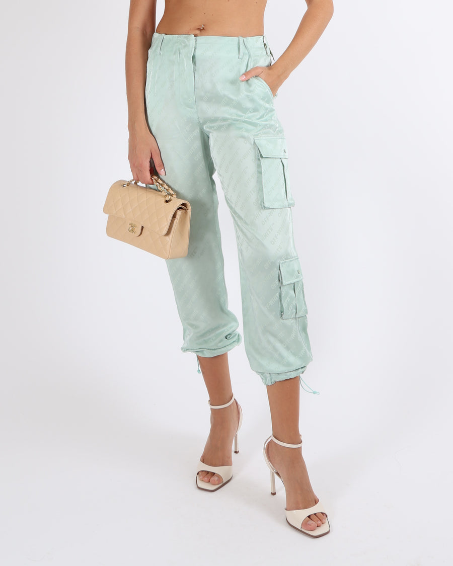 Off-White Light Green Satin Logo Printed Cargo Trousers Size IT 40 (UK 8)