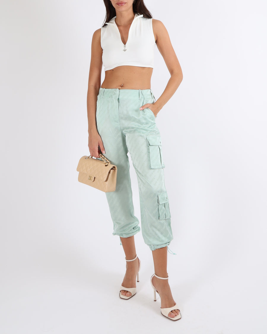 Off-White Light Green Satin Logo Printed Cargo Trousers Size IT 40 (UK 8)