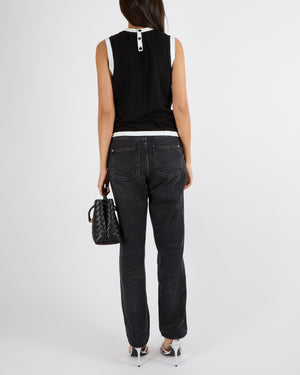 Chanel Cruise 2022 Black Sleeveless Top with White Painted Trims and Lion Print with Back Logo Buttons Detail Size FR 34 (UK 6)