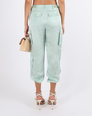Off-White Light Green Satin Logo Printed Cargo Trousers Size IT 40 (UK 8)