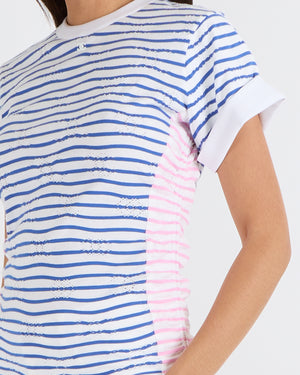 Chanel Blue, White and Pink Striped T-Shirt with Ruched Sides and Perforated CC Logos with White CC Logo Detail Size FR 36 (UK 8)