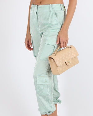 Off-White Light Green Satin Logo Printed Cargo Trousers Size IT 40 (UK 8)
