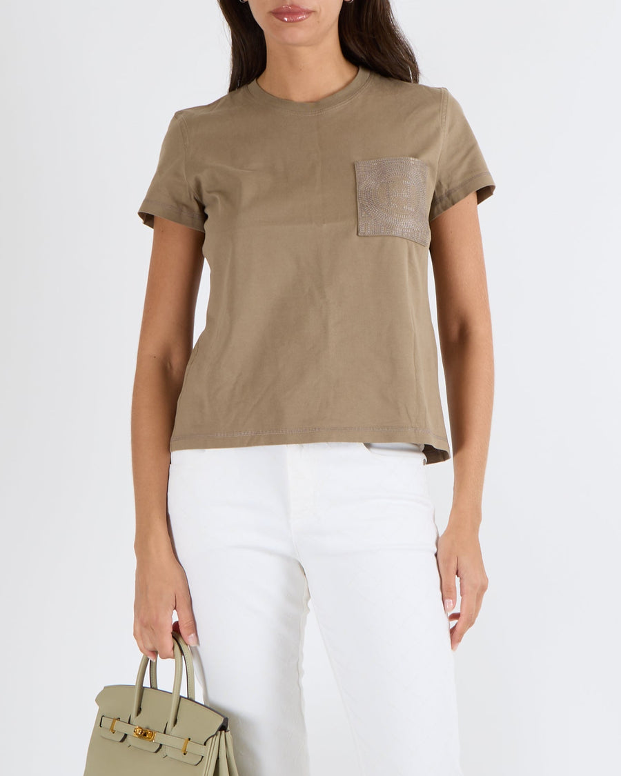 Hermès Brown Short-Sleeved T-Shirt with Front Pocket Detail with Embroidered Logo Size FR 38 (UK 10) RRP £530