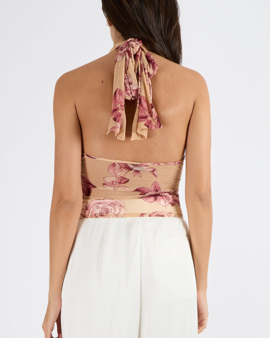 Magda Butrym Beige and Pink Floral Cropped Corset Top with Rose Applique Size FR 36 (UK 8) RRP £2,250