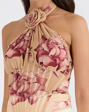 Magda Butrym Beige and Pink Floral Cropped Corset Top with Rose Applique Size FR 36 (UK 8) RRP £2,250