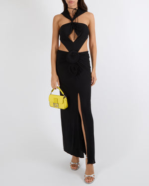 Magda Butrym Black Floral Applique Hooded Maxi Dress with Cut-Outs Size FR 40 (UK 12) RRP £1,250