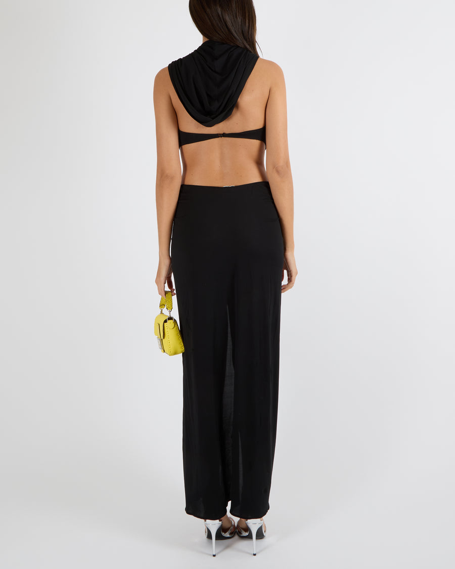 Magda Butrym Black Floral Applique Hooded Maxi Dress with Cut-Outs Size FR 40 (UK 12) RRP £1,250