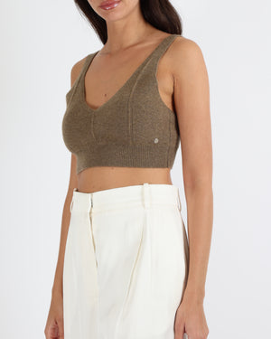 Hermès Etoupe Cashmere Sleeveless Crop Top with Silver Logo Button Detail Size FR 40 (UK 12)