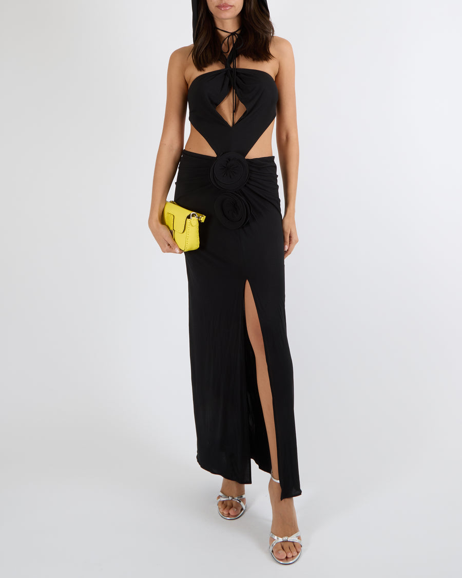 Magda Butrym Black Floral Applique Hooded Maxi Dress with Cut-Outs Size FR 40 (UK 12) RRP £1,250