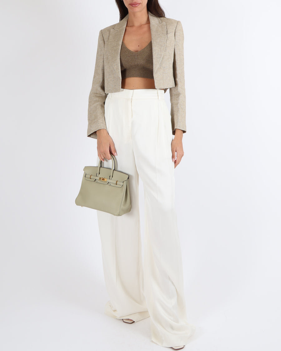 Brunello Cucinelli Beige Linen Cropped Blazer Jacket with Gold Threads Size IT 38 (UK 6)