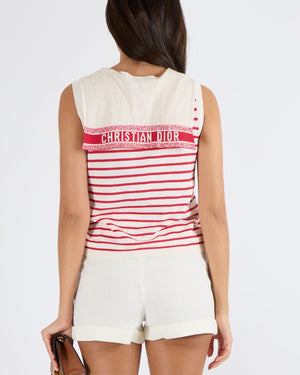 Christian Dior Dioriviera 2021 White and Red Striped Monaco Top with Back Logo Detail Size FR 38 (UK 10)