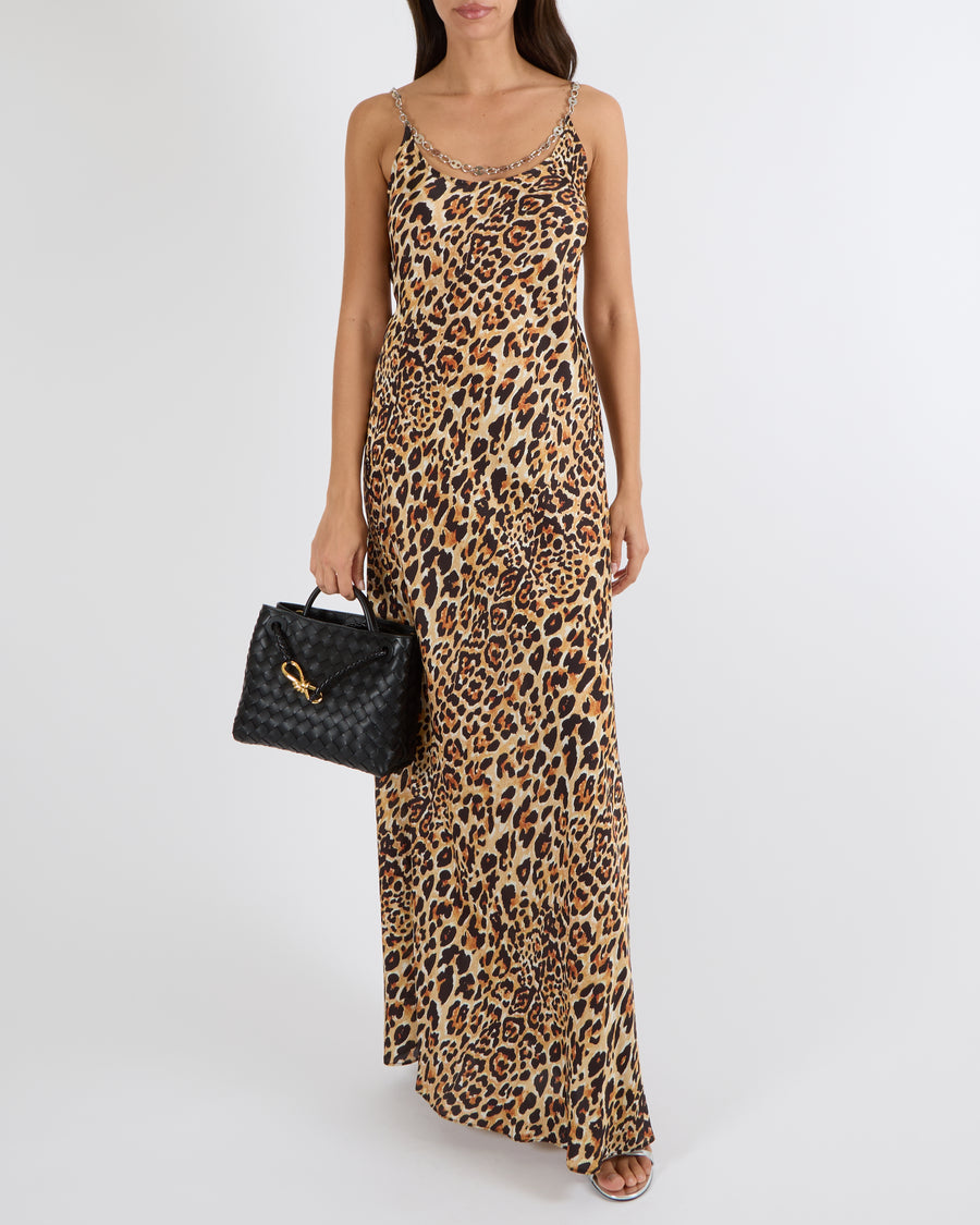 Paco Rabanne Black and Brown Leopard Print Sleeveless Maxi Dress with Silver Chain Detail Size FR 36 (UK 8) RRP £650