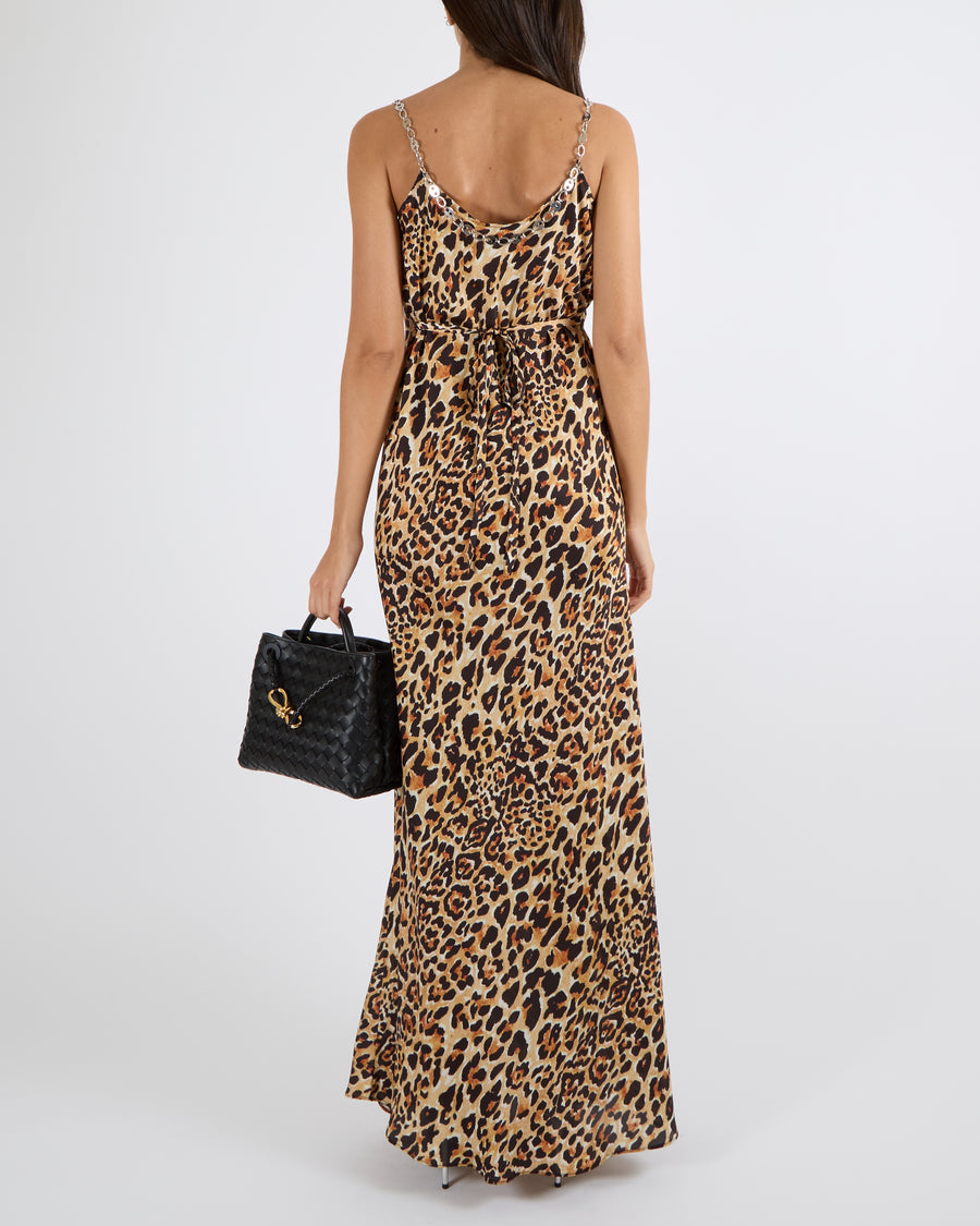 Paco Rabanne Black and Brown Leopard Print Sleeveless Maxi Dress with Silver Chain Detail Size FR 36 (UK 8) RRP £650