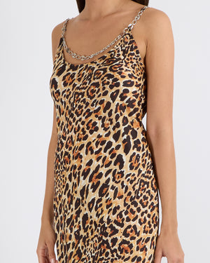 Paco Rabanne Black and Brown Leopard Print Sleeveless Maxi Dress with Silver Chain Detail Size FR 36 (UK 8) RRP £650