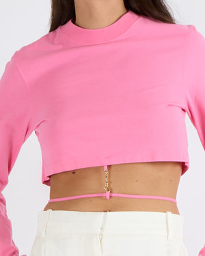 Jacquemus Pink Long-Sleeve Cut-Out Cropped T-Shirt with Gold Logo Detail Size S (UK 8)