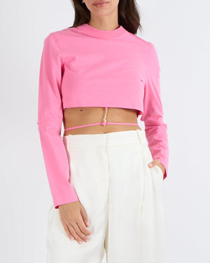Jacquemus Pink Long-Sleeve Cut-Out Cropped T-Shirt with Gold Logo Detail Size S (UK 8)