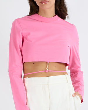 Jacquemus Pink Long-Sleeve Cut-Out Cropped T-Shirt with Gold Logo Detail Size S (UK 8)