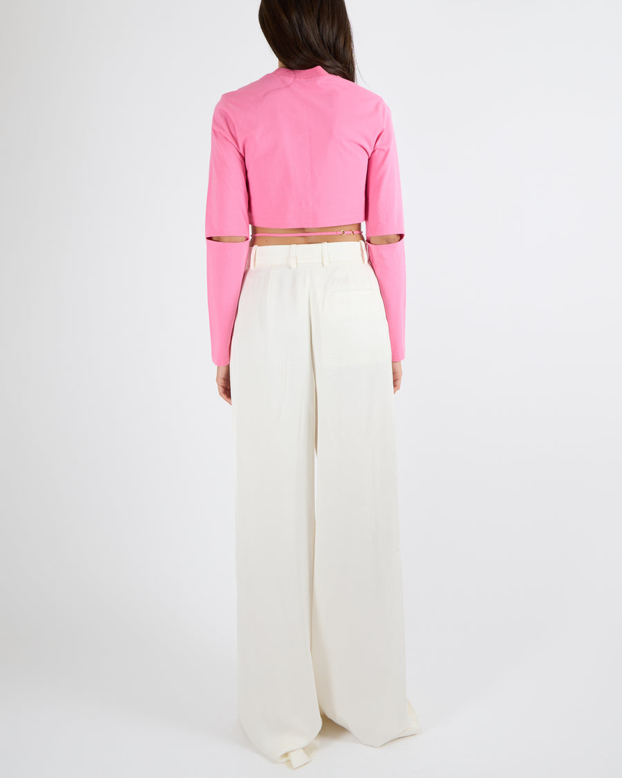 Jacquemus Pink Long-Sleeve Cut-Out Cropped T-Shirt with Gold Logo Detail Size S (UK 8)