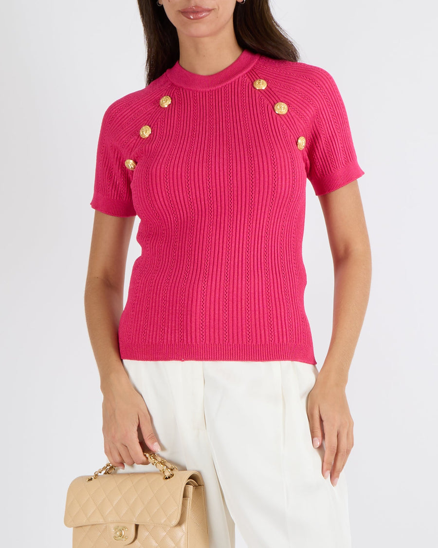 Balmain Hot Pink Knit Short-Sleeved Top with Gold Logo Buttons Size FR 38 (UK 10) RRP £1,180