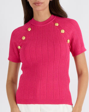 Balmain Hot Pink Knit Short-Sleeved Top with Gold Logo Buttons Size FR 38 (UK 10) RRP £1,180