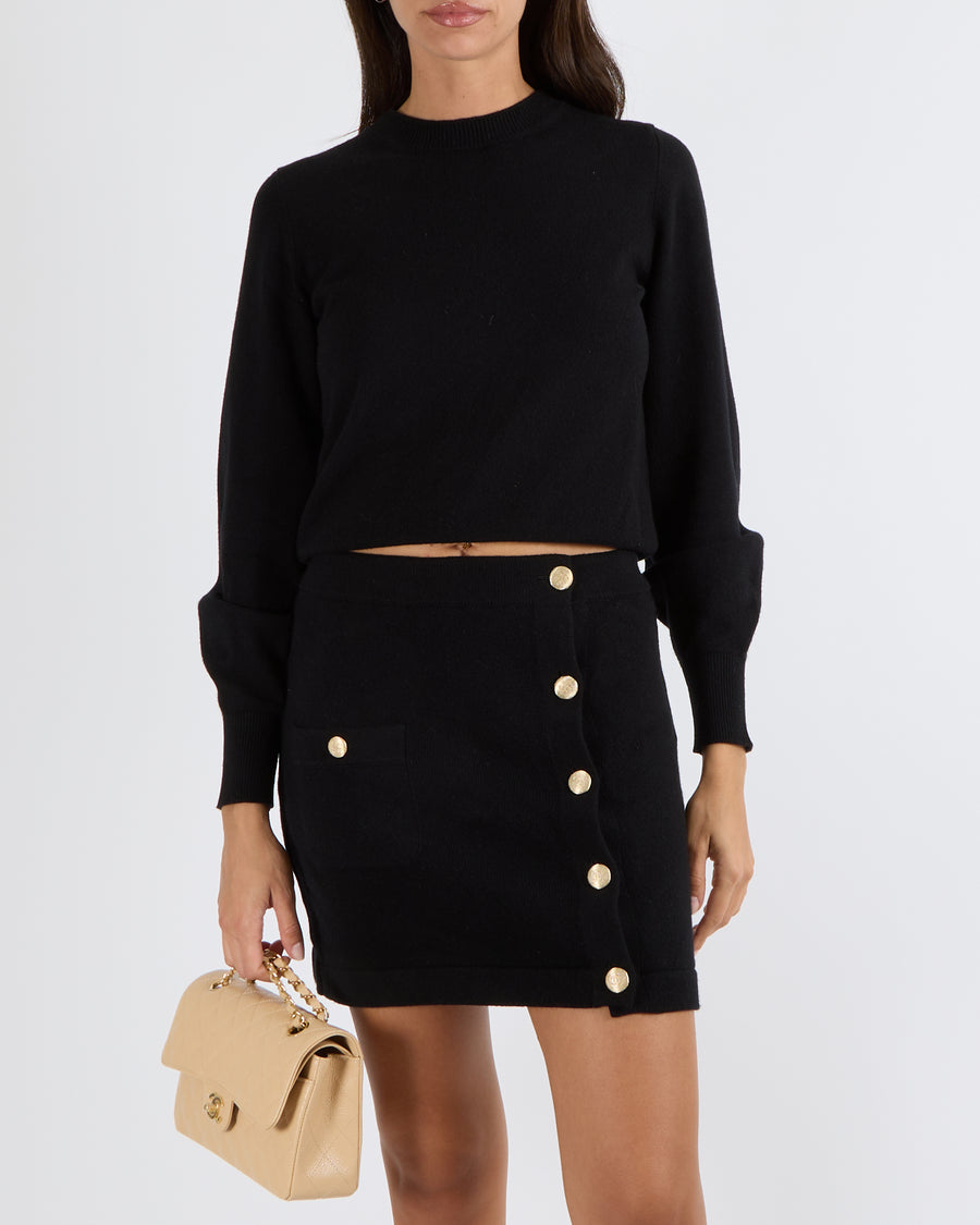 Chanel Black Cashmere Cardigan with Back Gold CC Logo and Pearl Double Buttons Size FR 34 (UK 6)