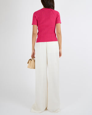 Balmain Hot Pink Knit Short-Sleeved Top with Gold Logo Buttons Size FR 38 (UK 10) RRP £1,180