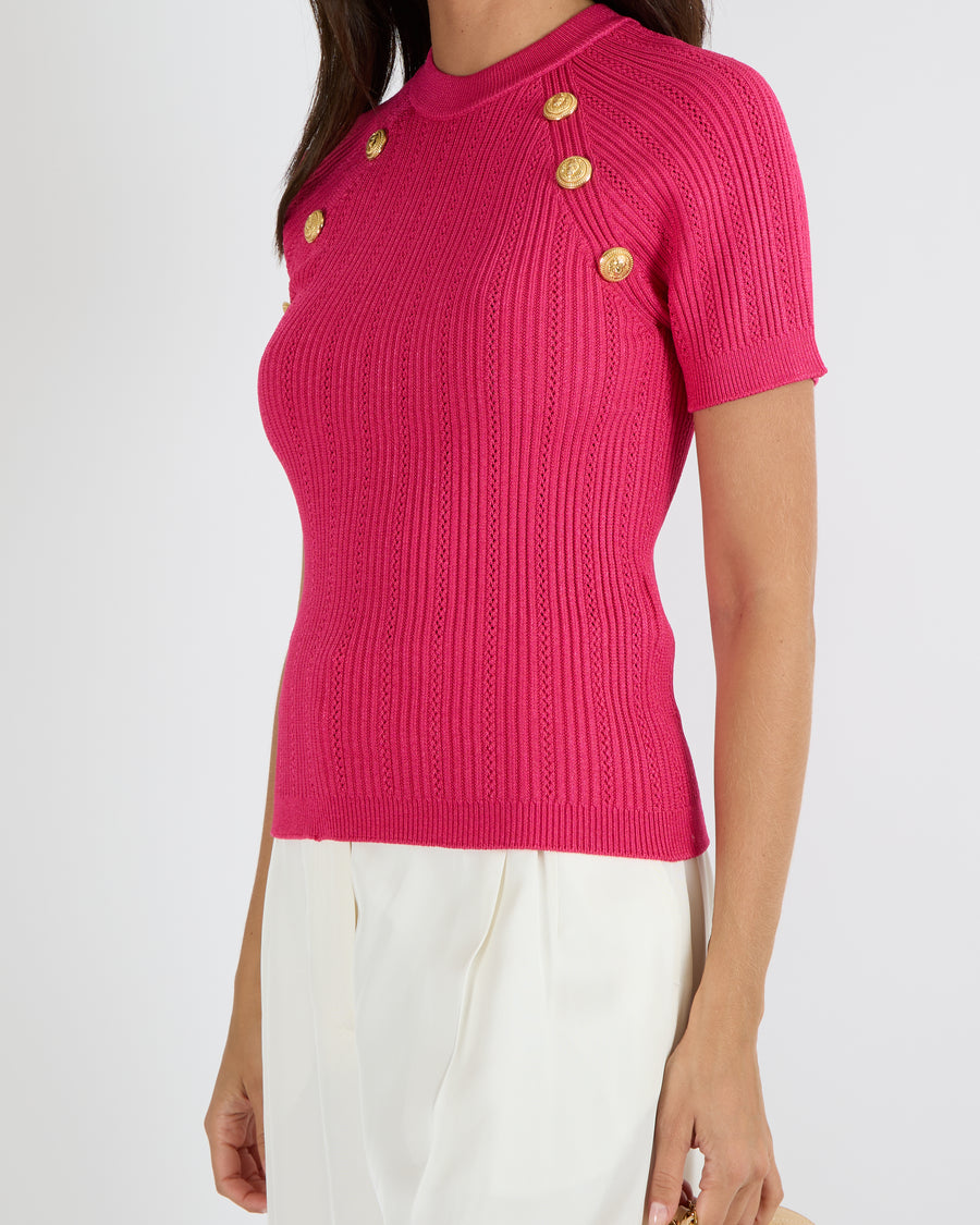 Balmain Hot Pink Knit Short-Sleeved Top with Gold Logo Buttons Size FR 38 (UK 10) RRP £1,180