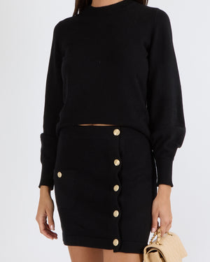 Chanel Black Cashmere Knit Mini Skirt with Textured Gold CC Logo Buttons Size FR 38 (UK 10)
