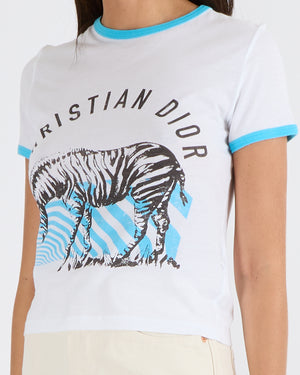 Christian Dior White and Blue Logo with Zebra Printed T-Shirt Size S (UK 8)