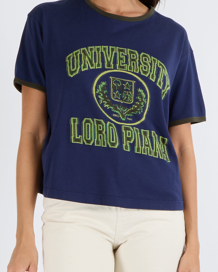 Loro Piana Navy Blue University Printed Cotton T-Shirt Size S (UK 8) RRP £800